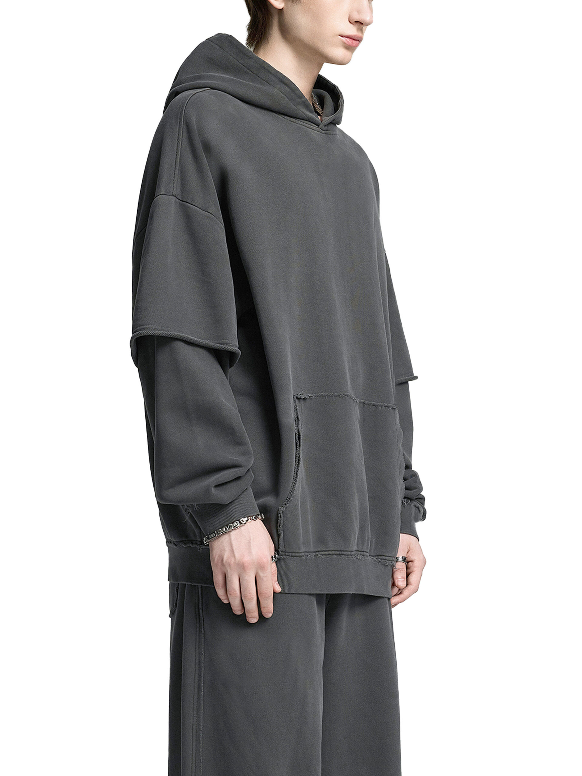 Snow Washed Raw Edge Double Layered Hoodie 3 Snow Washed Raw Edge Double Layered Hoodie - Image 3