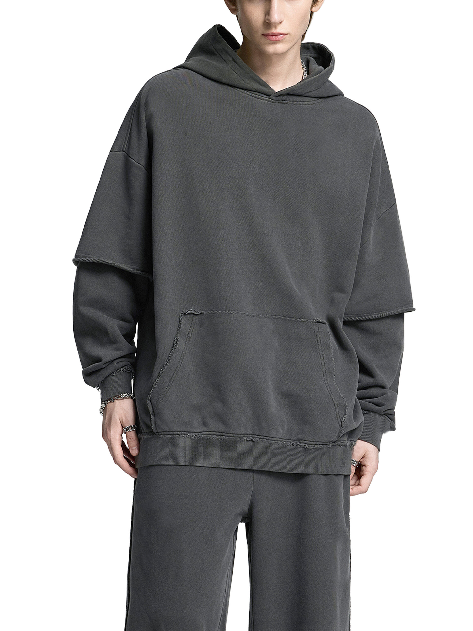 Snow Washed Raw Edge Double Layered Hoodie 1 Snow Washed Raw Edge Double Layered Hoodie