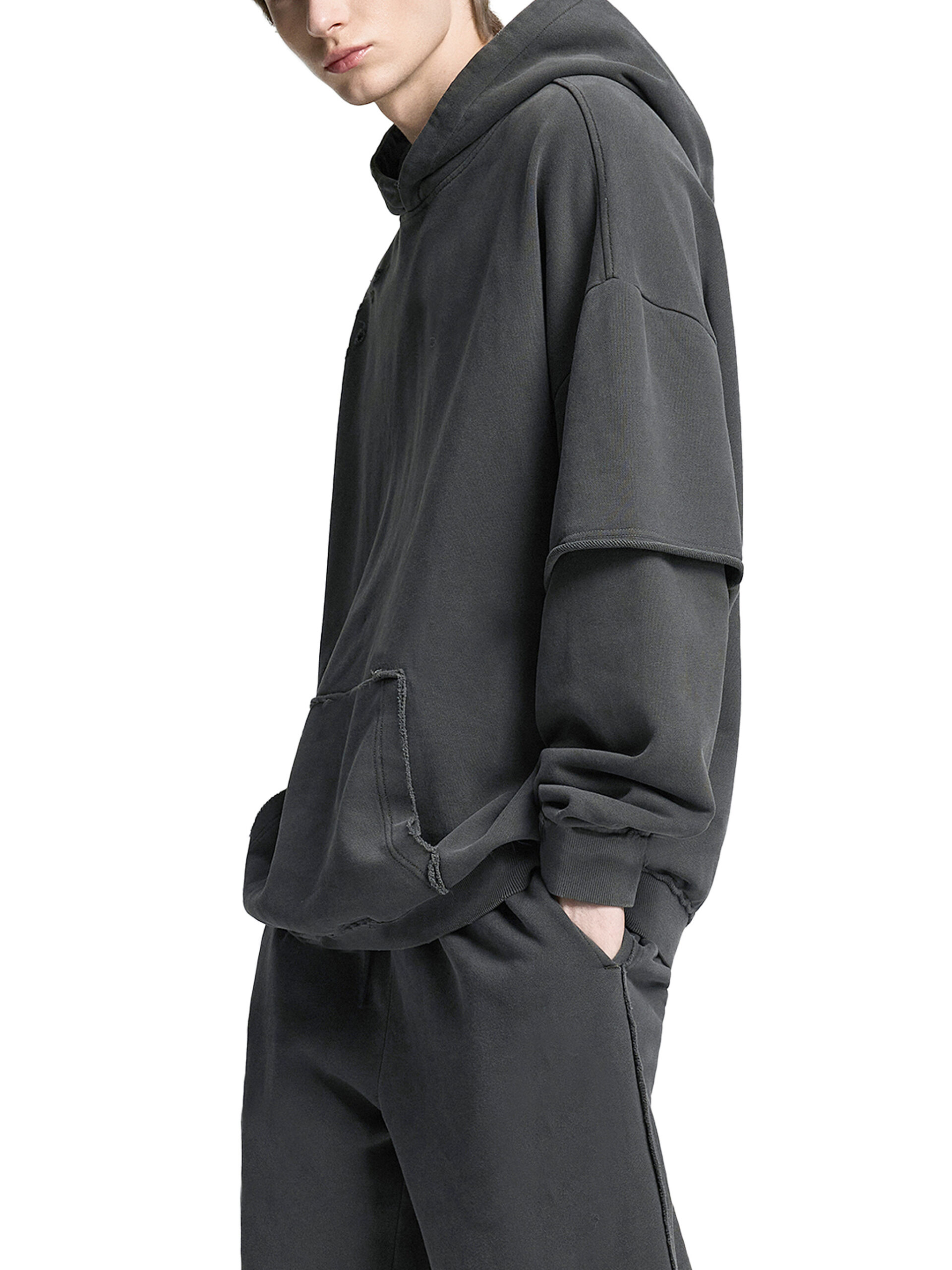 Snow Washed Raw Edge Double Layered Hoodie 5 Snow Washed Raw Edge Double Layered Hoodie - Image 5
